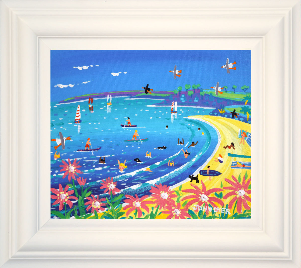 'Paddleboarding and Bathing, Gyllyngvase Beach, Falmouth', 12x10 inches acrylic on canvas. Cornwall Painting by Cornish Artist John Dyer. Cornish Art from our Cornwall Art Gallery