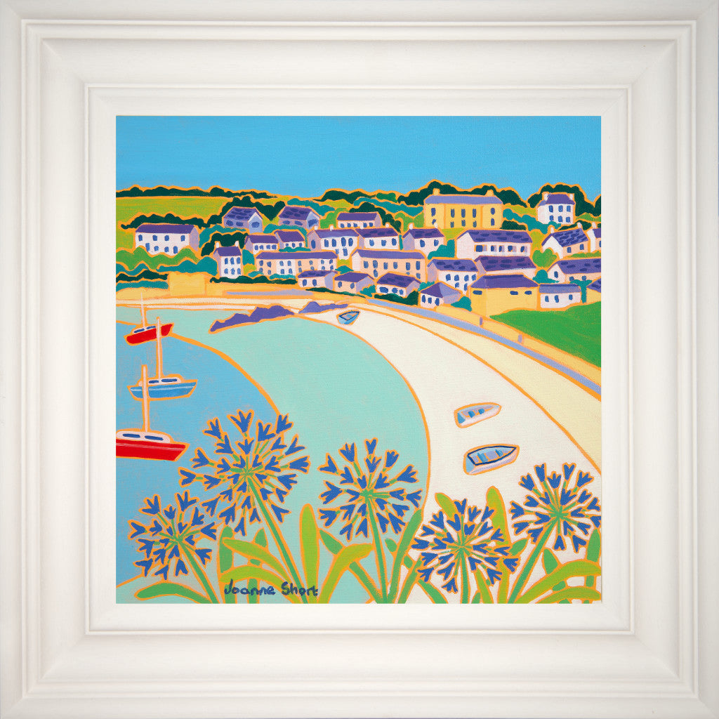 Porthcressa Beach, St Mary’s. Framed painting by Cornish artist Joanne Short with Agapanthus flowers and sailing boats.