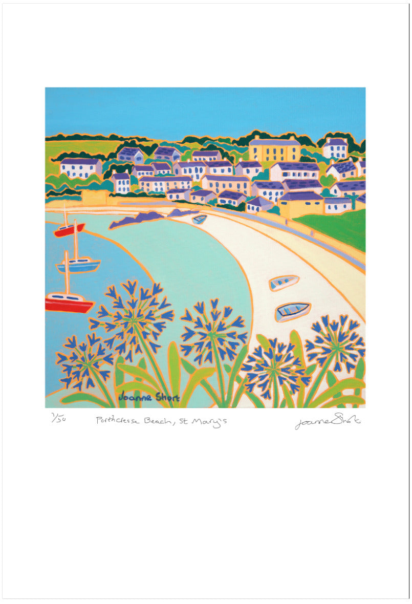 Isles of Scilly Limited Edition Print by Cornish Artist Joanne Short. 'Porthcressa Beach, St Mary's'. Cornwall Art Gallery Print