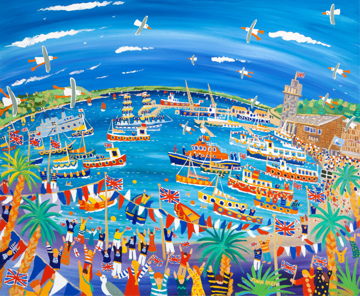 Limited Edition Print by Cornish Artist John Dyer. 'Happy and Glorious, Falmouth'. Queen's Golden Jubilee Falmouth. Cornwall Art Gallery print