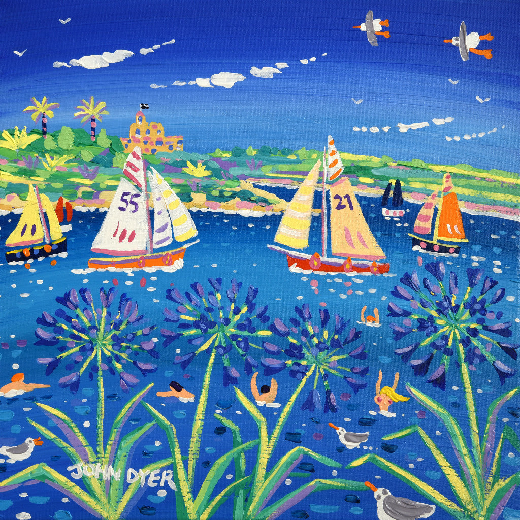 Gaff rigged sailing boats and blue agapanthus flowers have provided the inspiration for this painting by Cornish artist John Dyer. The artist has chosen a view through the flowers towards St Mawes Castle on the Roseland Peninsula. The artist has captured swimmers enjoying the summer sunshine and the whole painting is a celebration of life on the coast of Cornwall in Falmouth.