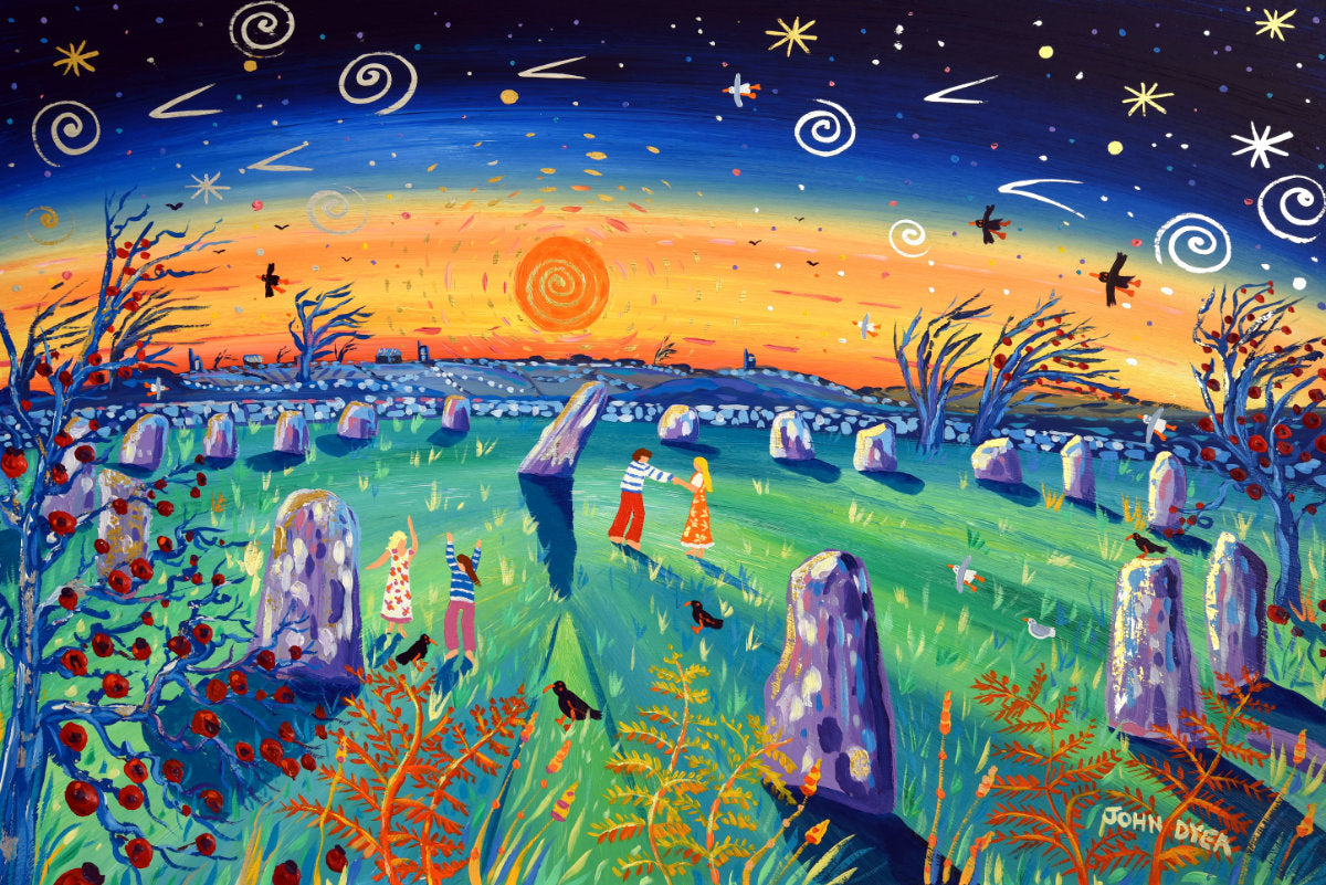 &#39;Samhain Lovers, Boscawen-Ûn stone circle, Penwith&#39;. 24 x 36 inches original art acrylic on board. Paintings of Cornwall by Cornish Artist John Dyer from our Cornwall Art Gallery