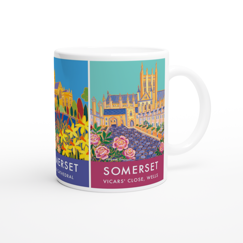Souvenir collectible art mug featuring paintings of Wells, Vicars Close and Wells Cathedral by Somerset artist Joanne Short
