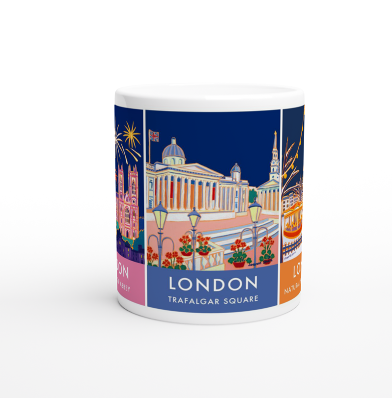 Souvenir art mug of London featuring Westminster Abbey, Trafalgar Square and The Natural History Museum by British artist Joanne Short.