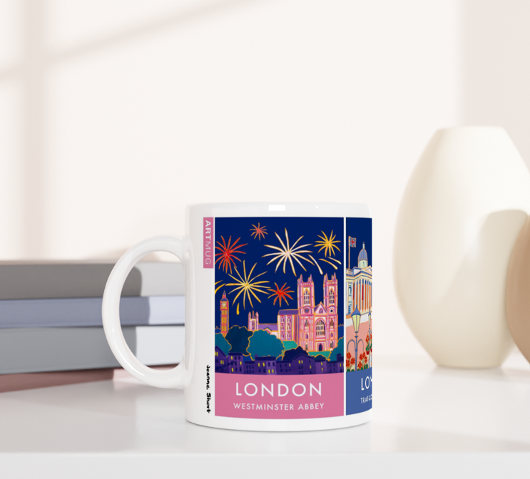 Joanne Short Ceramic Art Mug featuring London. Westminster Abbey, Trafalgar Square and the Natural History Museum