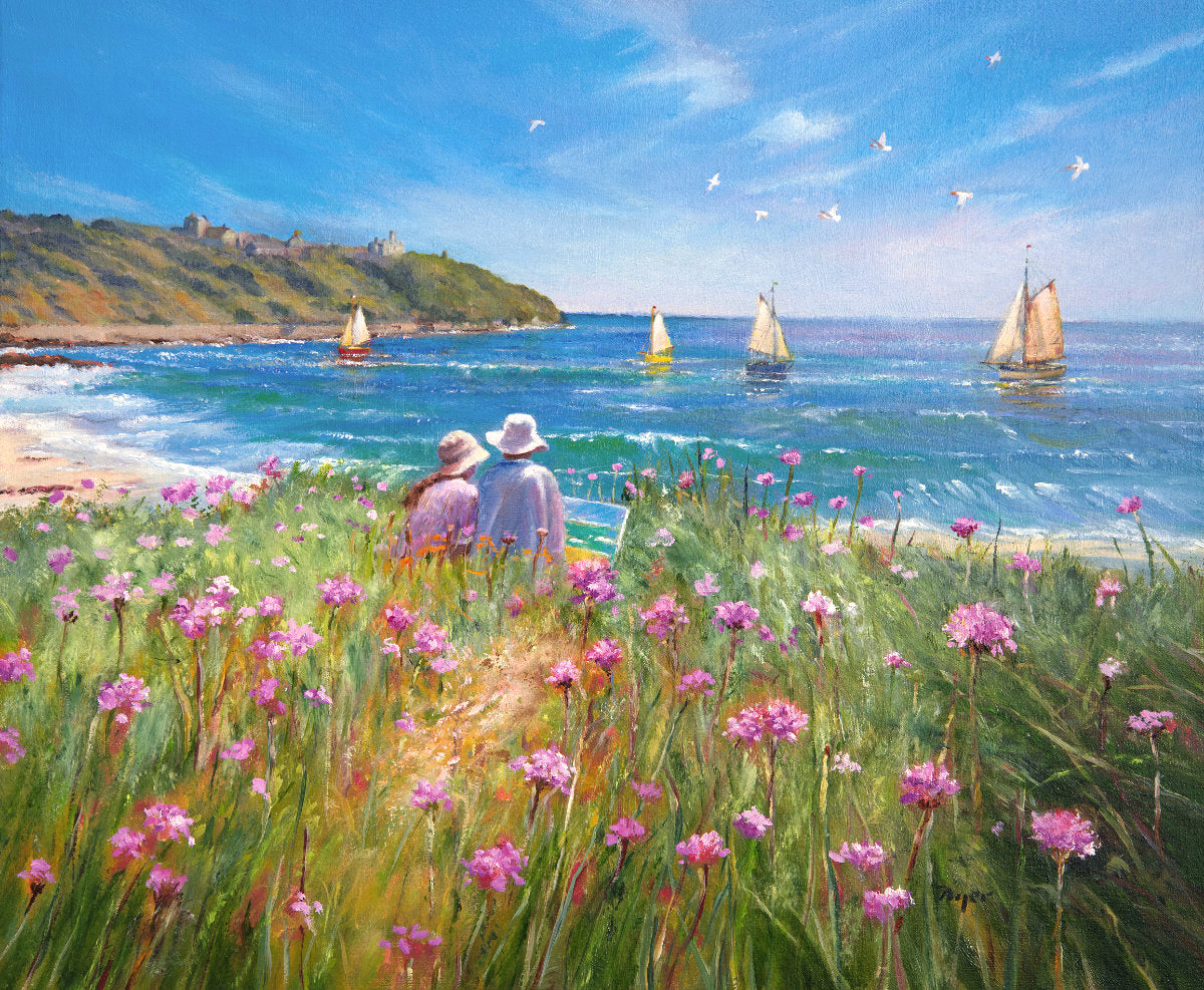 &#39;Sea Pinks and Painters. Falmouth&#39;, 20x24 inches oil on canvas by Ted Dyer. Cornwall Art Gallery Seascape Painting
