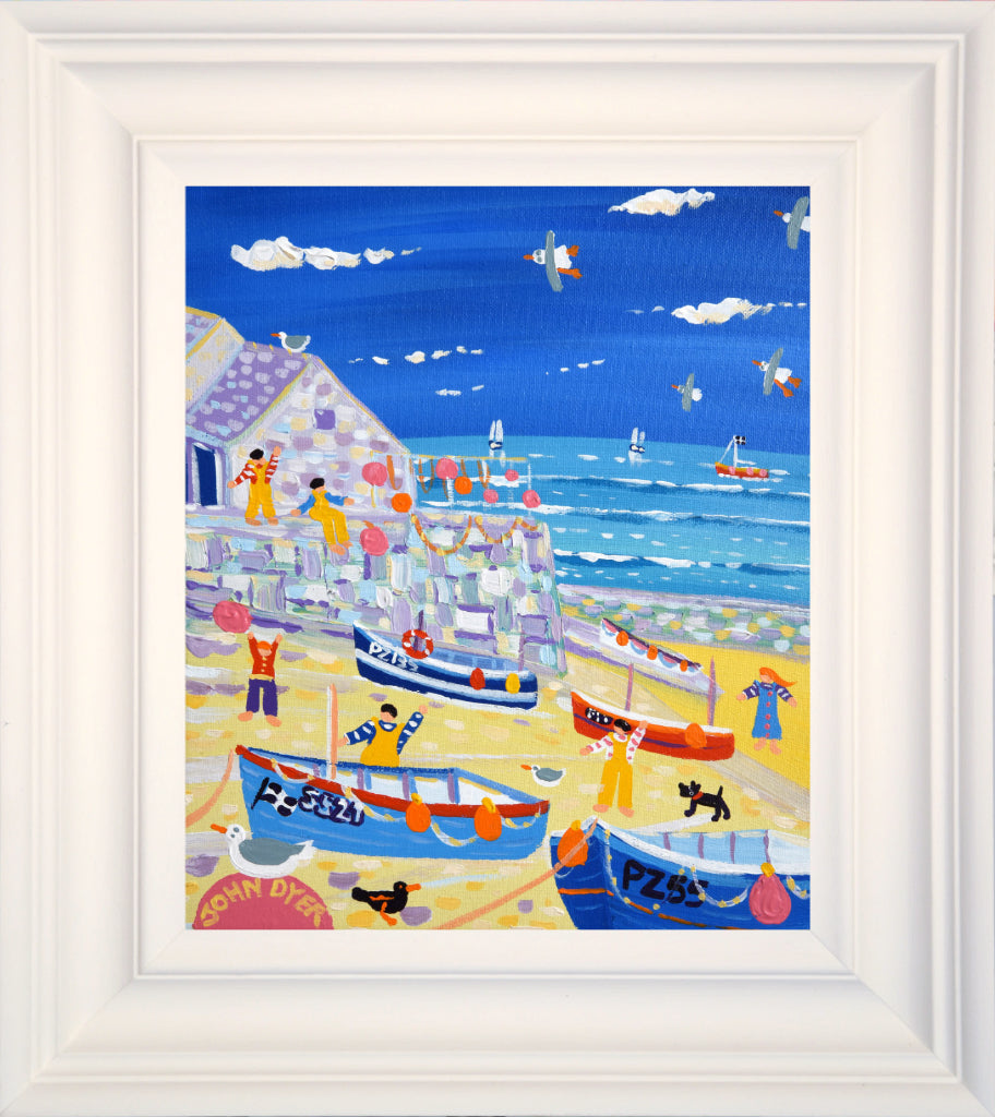 John Dyer Painting. Fishing boats and Fishermen, Sennen.  12 x 10 inches, acrylic on canvas