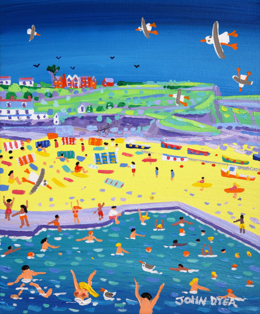 This sizzling sunny painting of the sea pool at Bude, by Cornwall&#39;s best loved artist John Dyer, really captures the summer heatwave. The painting is full of activity and colour and creates a wonderful window onto Cornwall and all the fun of a day at the beach. Splashes of colour across the beach describe fishing bats, people and windbreaks and in the foreground bathers enjoy the cool waters of the pool. A really wonderful painting capturing the essence of Cornwall.