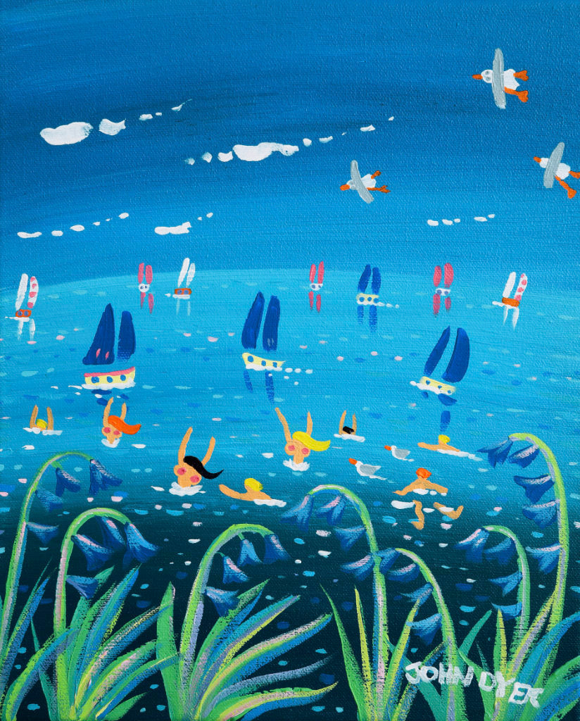 Painting by John Dyer of topless cold water swimmers and bathers in Cornwall with bluebell flowers and seagulls