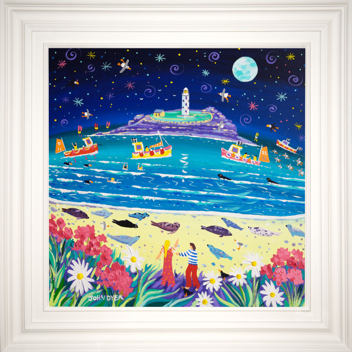 'Snoozing Seals under the Moon, Godrevy', 24x24 inches acrylic on canvas. Cornwall Painting by Cornish Artist John Dyer. Cornish Art from our Cornwall Art Gallery