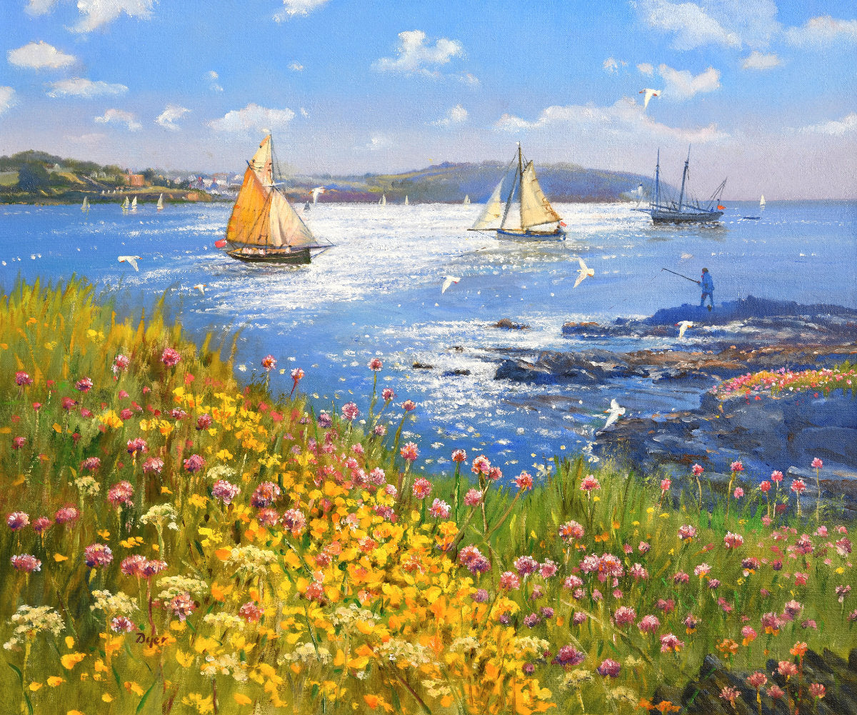 &#39;Sparkling Sea and Wild Flowers. Pendennis Headland. Falmouth&#39;, 20 x 24 inches original art oil on canvas. Paintings of Cornwall by Cornish Artist Ted Dyer from our Cornwall Art Gallery