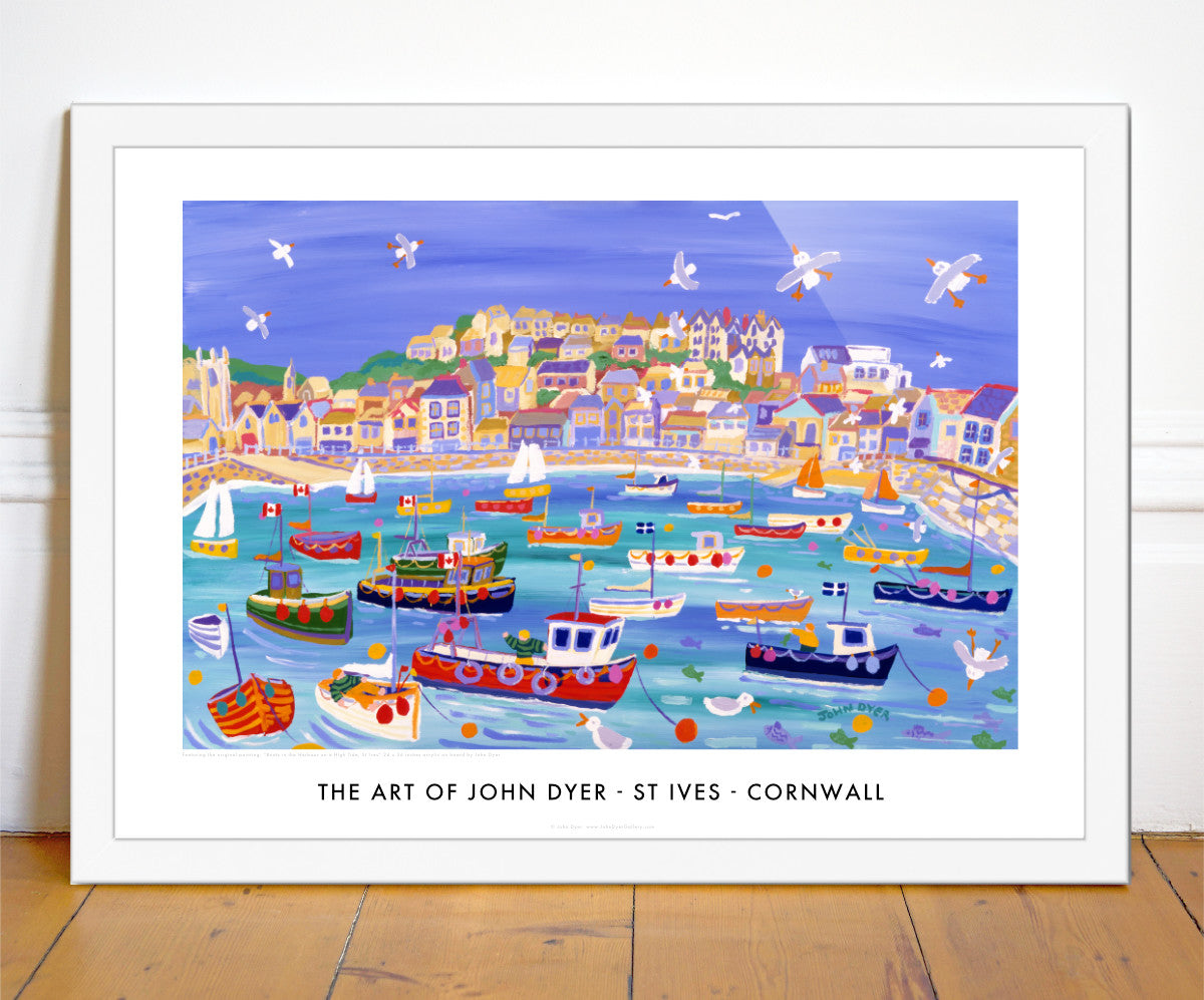 Boats in the Harbour on a High Tide, St Ives is one of John Dyer&#39;s most famous paintings and wall art posters. Originally published in the 1990&#39;s as part of a contemporary art range for habitat. The art poster print features colourful Cornish fishing boats in the harbour of St Ives. A delightful combination of colour, seaside fun and paint by Cornwall&#39;s best loved artist John Dyer.