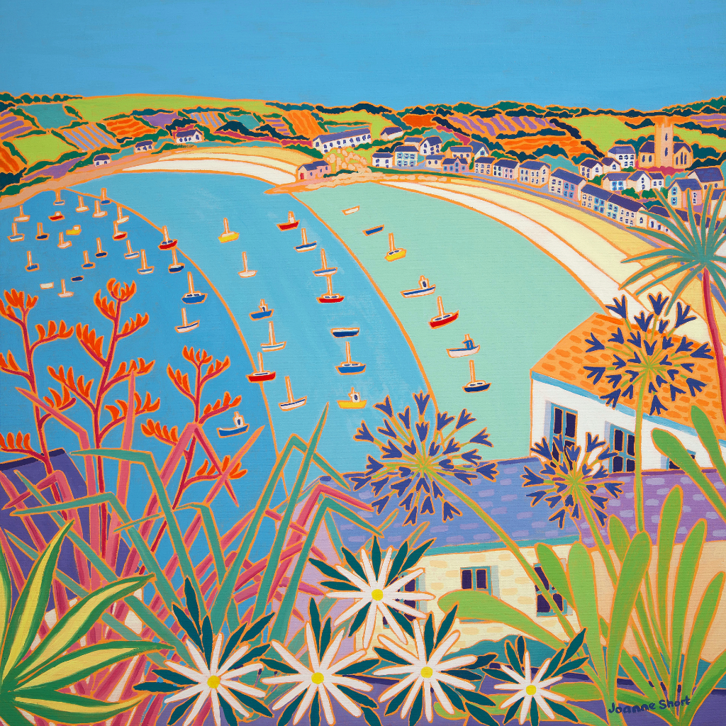 This stunning original oil painting of Hugh Town, St Mary’s, on the Isles of Scilly by Cornish artist Joanne Short, captures the beauty of this quaint Cornish town. The sub tropical plants in the foreground are typical of these islands with their warm, Mediterranean climate, and can be found all over St. Mary’s. This view is across the rooftops above the town, looking towards the harbour and cove below with the boats bobbing in the water. A perfect summer’s morning.