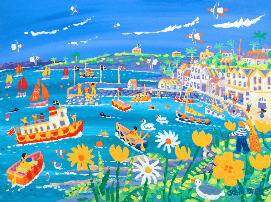 Signed Limited Edition Print by Cornish Artist John Dyer. &#39;Happy Holidays St Mawes&#39;. Cornwall Art Gallery Print