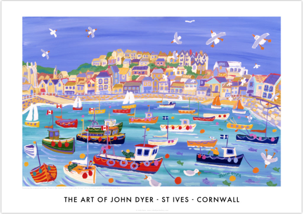 Poster of St Ives, Cornwall by John Dyer. Boats in the Harbour on a High Tide