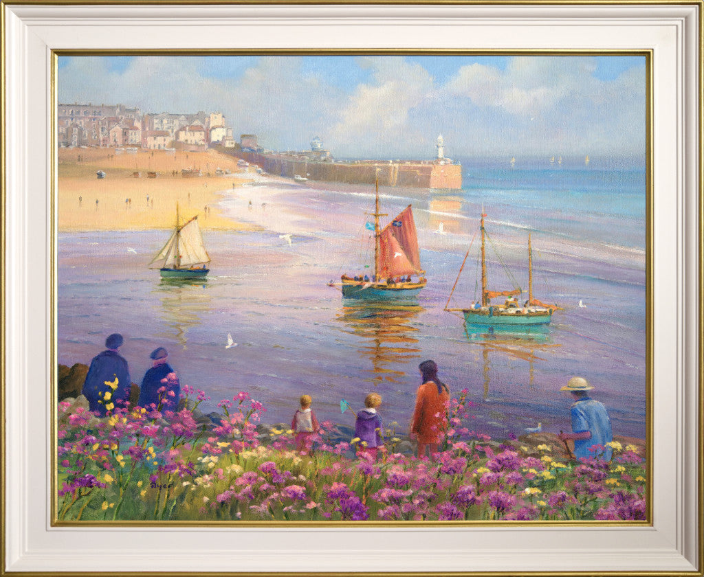 &#39;Soft Light &amp; Summer Flowers, St Ives&#39;, 24x30 inches original art oil on canvas. Paintings of Cornwall. Cornish Artist Ted Dyer. Cornwall Art Gallery