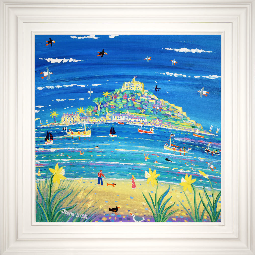 John Dyer painting of St Michael's Mount in Cornwall. A sausage dog is walked along the beach. Daffodils, fishing boats, seals and puffins feature in the painting.