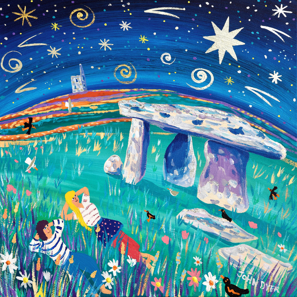 'Star Gazing, Lanyon Quoit'. 18 x 18 inches original art acrylic on canvas. Paintings of Cornwall by Cornish Artist John Dyer from our Cornwall Art Gallery