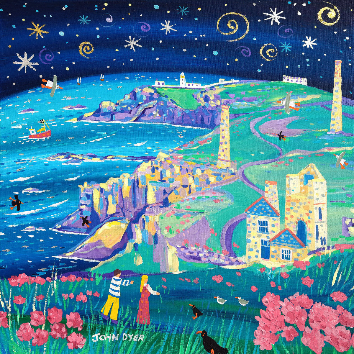 'Starlit Walk to Pendeen Lighthouse'. 18 x 18 inches original art acrylic on canvas. Paintings of Cornwall by Cornish Artist John Dyer from our Cornwall Art Gallery