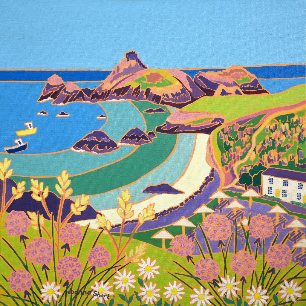 A spectacular oil painting of Kynance Cove in Cornwall by Cornish artist Joanne Short. The artist&#39;s unique way of working brilliantly captures the form and colours of the landscape with the rugged rocks and the sweep of the bay described with a clarity and vision that is quite remarkable. Sea Pinks and wild Cornish flowers fill the foreground and our view is taken out across the cliffs to Kynance Cove beyond. Perfect.