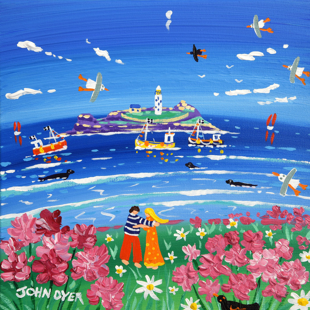 This new John Dyer painting of Cornwall features Godrevy Lighthouse on the North Coast of Cornwall. The painting really captures a sense of space with a gorgeous blue Cornish sky and the deep blue sea. Fishing boats and seals, with seagulls flying overhead, create a wonderful celebration of life on the coast. A couple have a cuddle on the cliffs surrounded by beautiful Cornish sea pink flowers. this painting is a celebration of life, love and Cornwall.