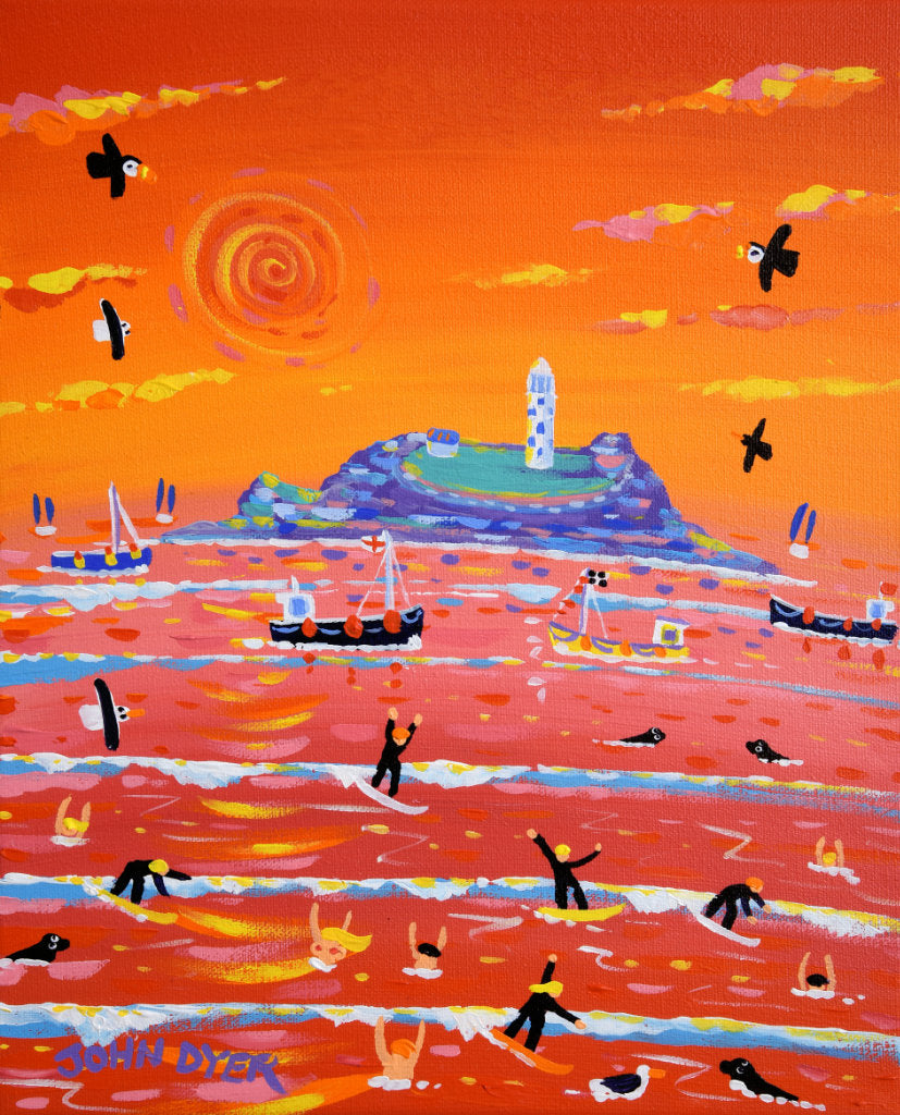 Sunset at Godrevy lighthouse, Gwithian beach in Cornwall with surfers. Painting by John Dyer.