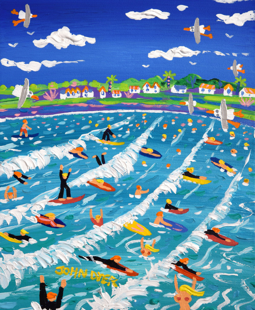 This fantastic painting by artist John Dyer captures the fun and action of surfing at polzeath in Cornwall. Aqua blues, crashing waves and multicolored surfboards all combine in this energy packed and narrative filled canvas. John Dyer is recognised as Cornwall&#39;s best loved artist and this painting is a classic example of the artist&#39;s acclaimed work.