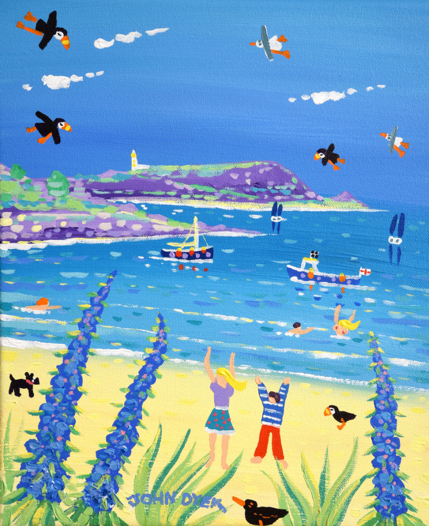 Old Grmsby beach on the island of Tresco painted by artist John Dyer. Blue echiums, puffins and seagulls with topless swimmers and fishing boats.