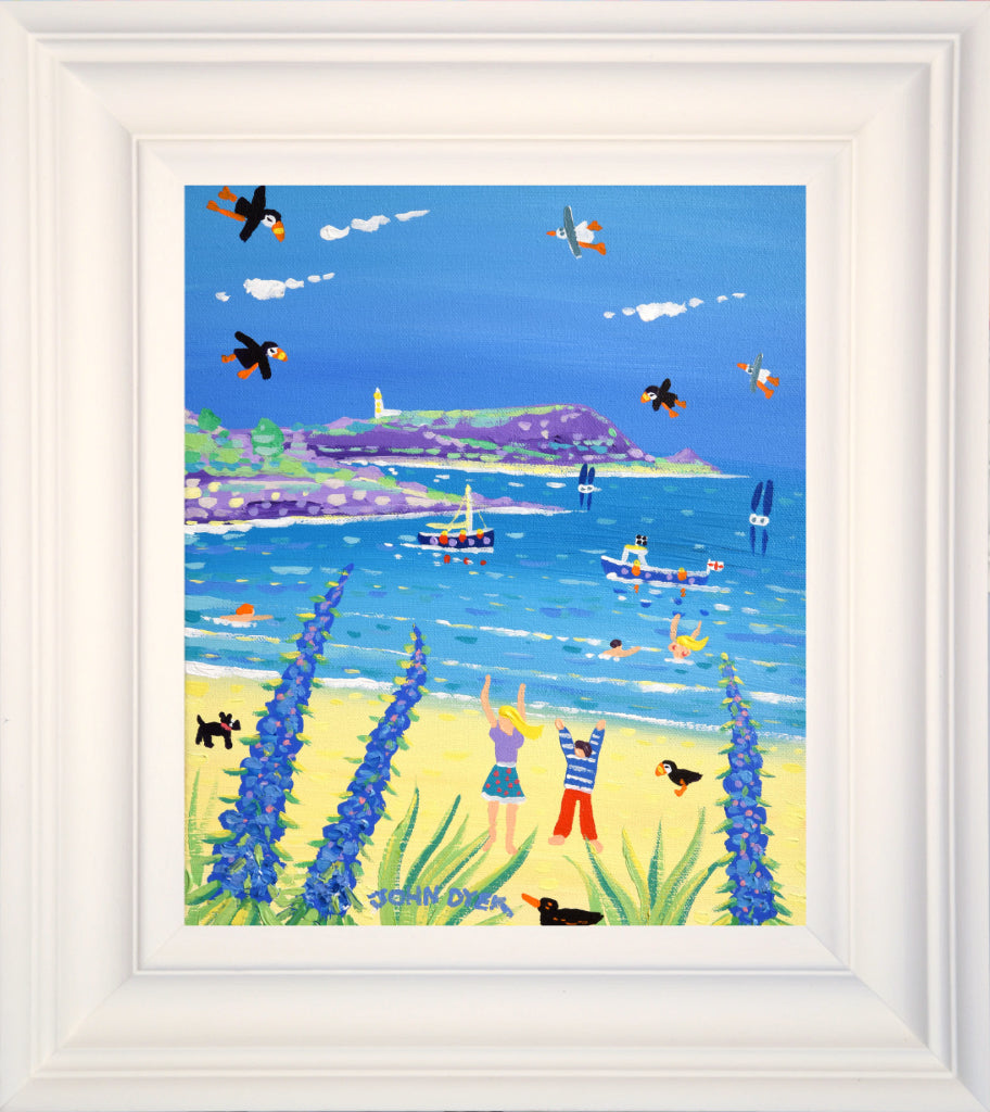 Old Grmsby beach on the island of Tresco painted by artist John Dyer. Blue echiums, puffins and seagulls with topless swimmers and fishing boats.