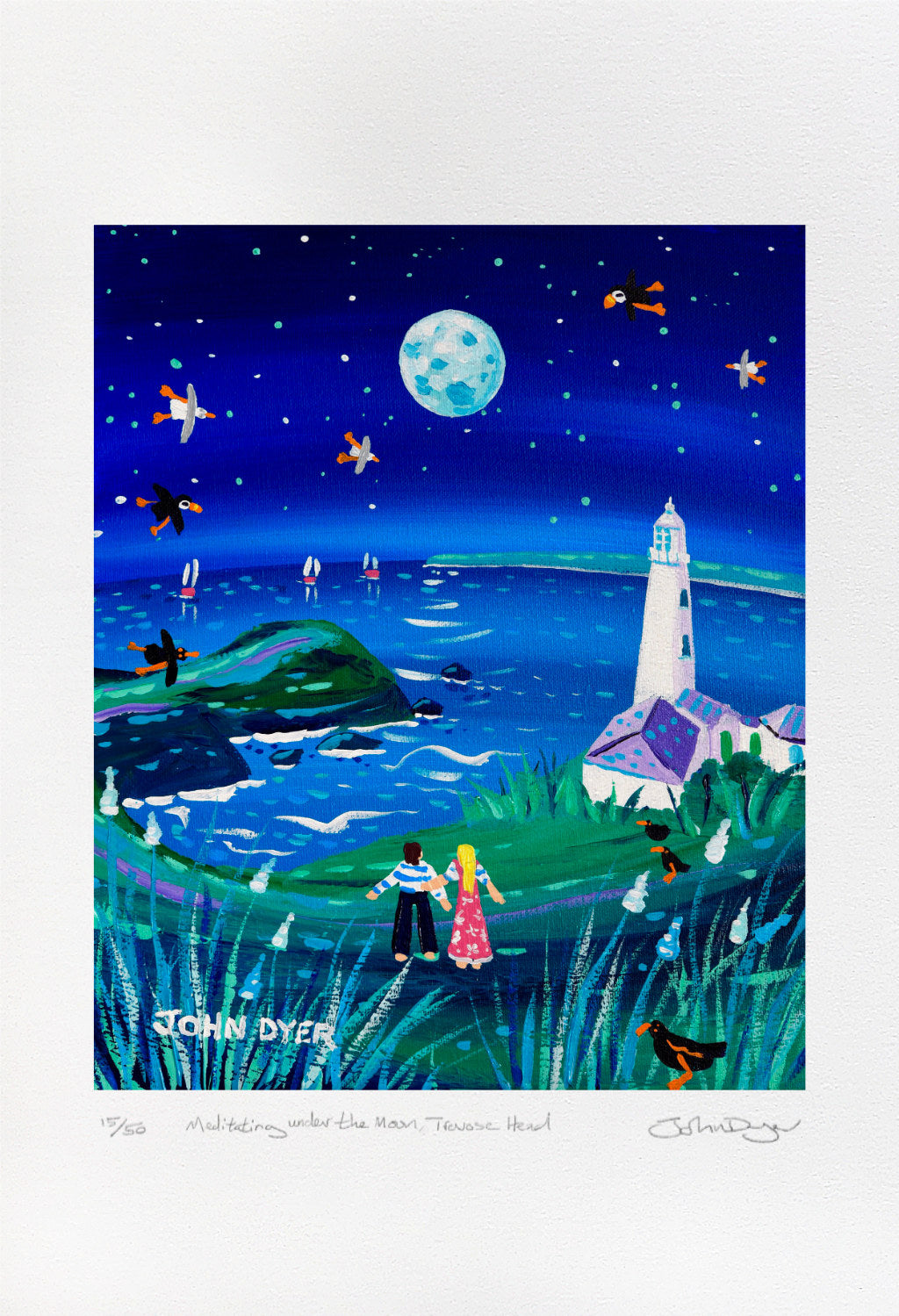 Limited Edition Print by Cornish Artist John Dyer. 'Meditating under the Moon, Trevose Head Lighthouse'. Cornwall Art Gallery Print.