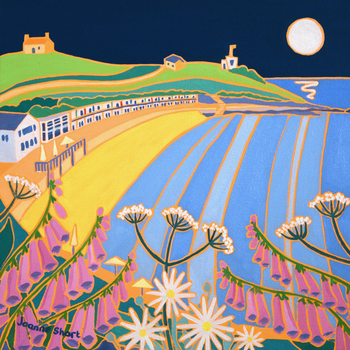 'Under the Light of the Moon Porthgwidden, St Ives', 12x12 inches oil on canvas. Painting by Cornish Artist Joanne Short. Cornish Art from our Cornwall Art Gallery
