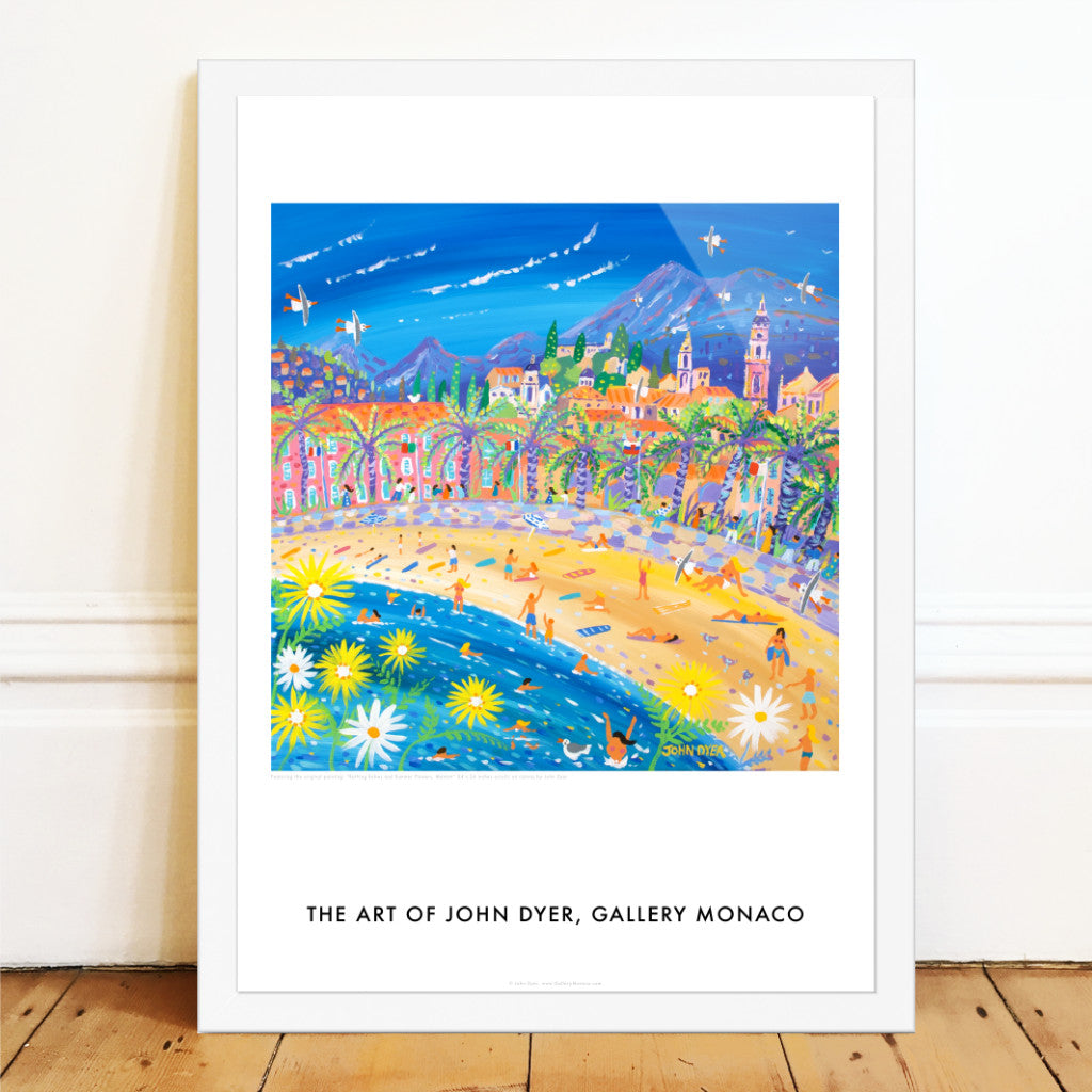 Featuring the original painting: “Bathing Babes and Summer Flowers, Menton” by John Dyer this wall art poster print is of sunbathers and swimmers on the beach in Menton on the Côte d&#39;Azur in the South of France. Yellow and white daisies fill the foreground, swimmers splash in the sea and palm trees line the sea front. The old town of Menton can be seen and beyond that the mountains of the Alps. Fabulous fun and a wonderful wall art poster print for your home.