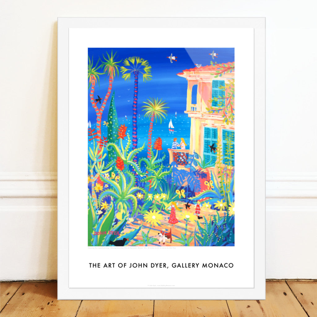 Featuring the original painting: &#39;Chasing Butterflies, Clos du Peyronnet, Menton&#39;  by John Dyer this stunning wall art poster print of the South of France on the Côte d&#39;Azur is of a seaside tropical garden and a belle epoque villa. Palm trees and agave plants fill the garden and the artist&#39;s children chase butterflies. The artist and his wife cuddle on the balcony. A fabulous image and art print of holidays in the south of France.