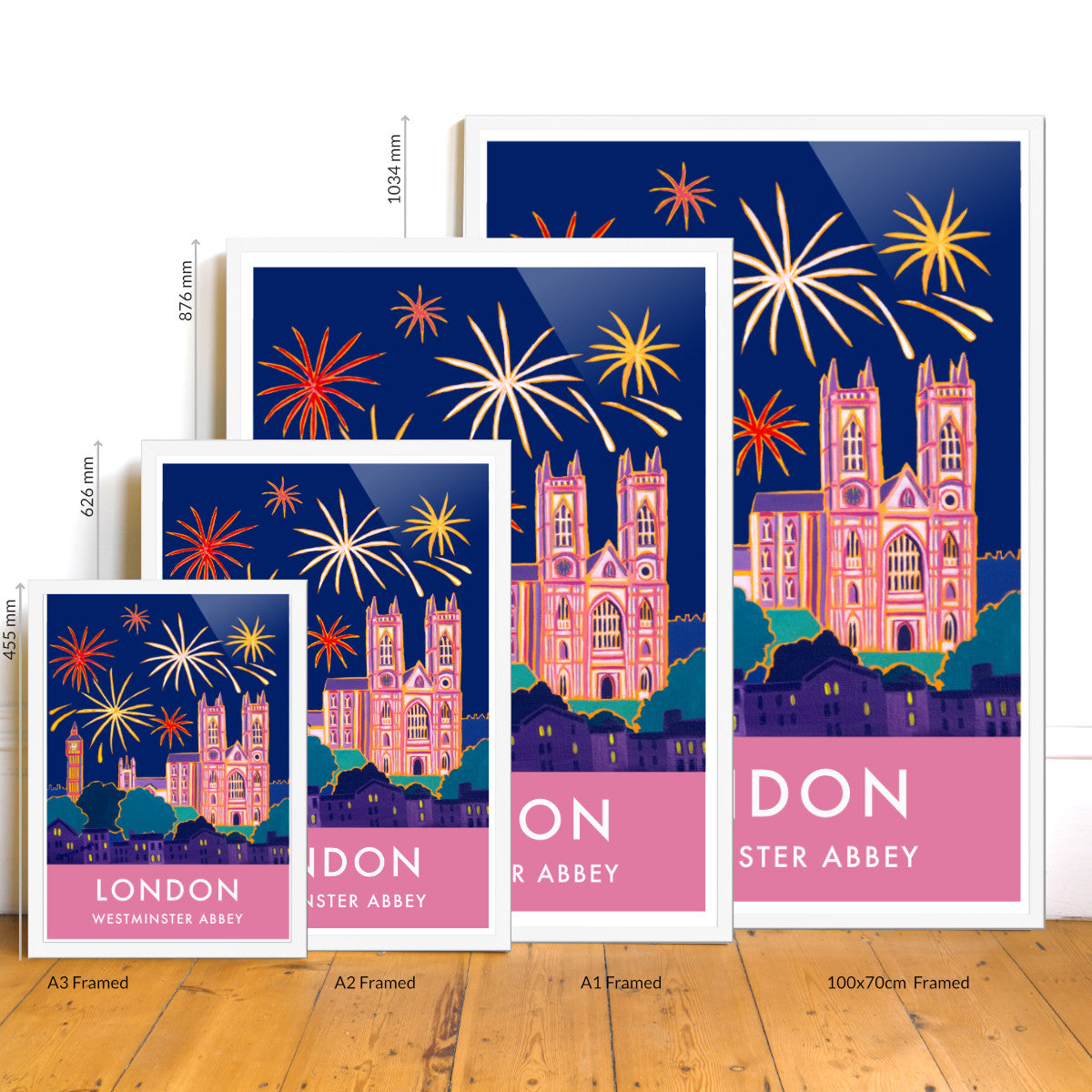 London Print of Westminster Abbey and Big Ben with Fireworks. Vintage Style Poster Design by British Artist Joanne Short