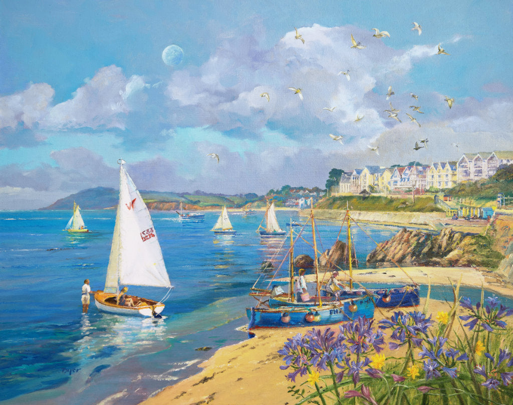 &#39;White Sails and Agapanthus. Castle Beach. Falmouth&#39;, 24 x 30 inches original art oil on canvas. Paintings of Cornwall by Cornish Artist Ted Dyer from our Cornwall Art Gallery