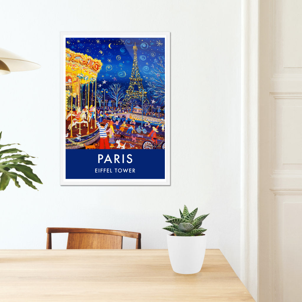 French Print of the Eiffel Tower and Carousel Paris. Vintage Style Travel Poster Art Print by John Dyer. French Wall Art
