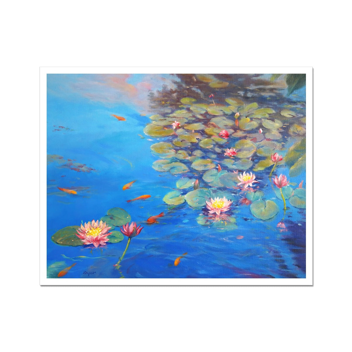 Ted Dyer Museum Quality Open Edition Cornish Art Print. 'Water lilies and Sky Reflections, Kimberley Park Pond, Falmouth'. Cornwall Art Gallery