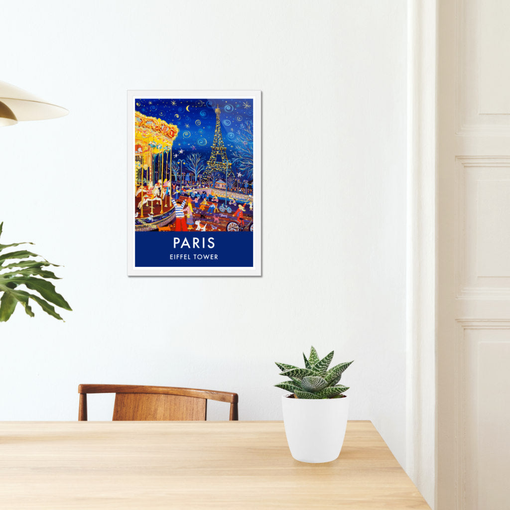 French Print of the Eiffel Tower and Carousel Paris. Vintage Style Travel Poster Art Print by John Dyer. French Wall Art