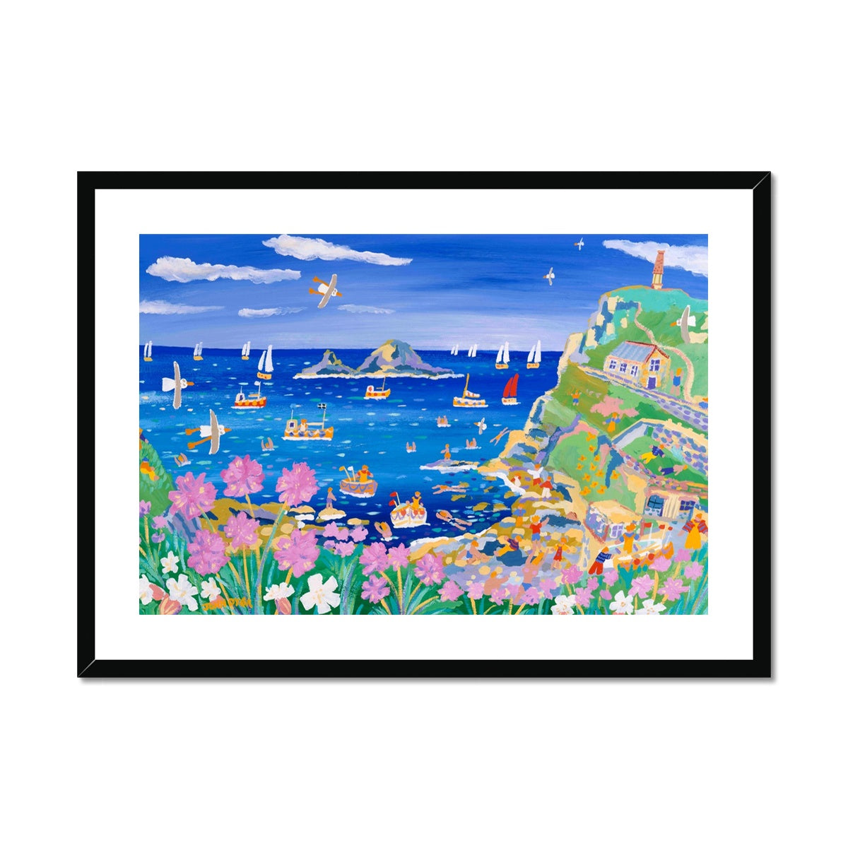 John Dyer Framed Open Edition Cornish Fine Art Print. 'Sea Pinks at Cape Cornwall'. Cornwall Art Gallery