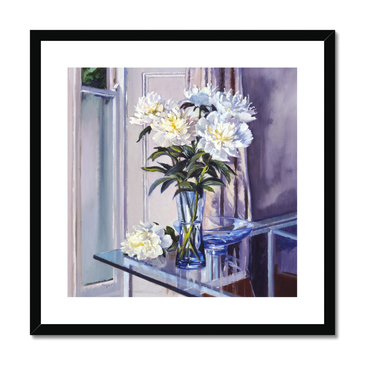 Ted Dyer Framed Open Edition Cornish Fine Art Print. 'White Peonies in a Blue Vase'. Cornwall Art Gallery