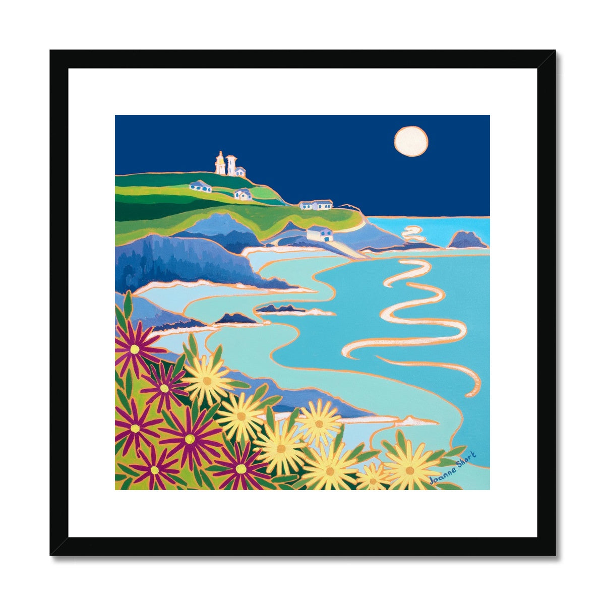 Joanne Short Framed Open Edition Cornish Fine Art Print. 'Lizard Lighthouse under a Full Moon'. Cornwall Art Gallery