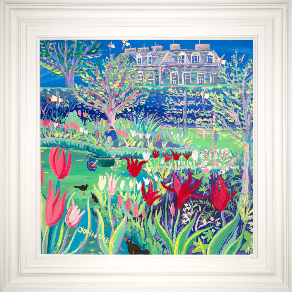 'The Flower Garden Antony House', 24x24 inches acrylic on canvas. Cornwall Painting by Cornish Artist John Dyer. Cornwall Art Gallery