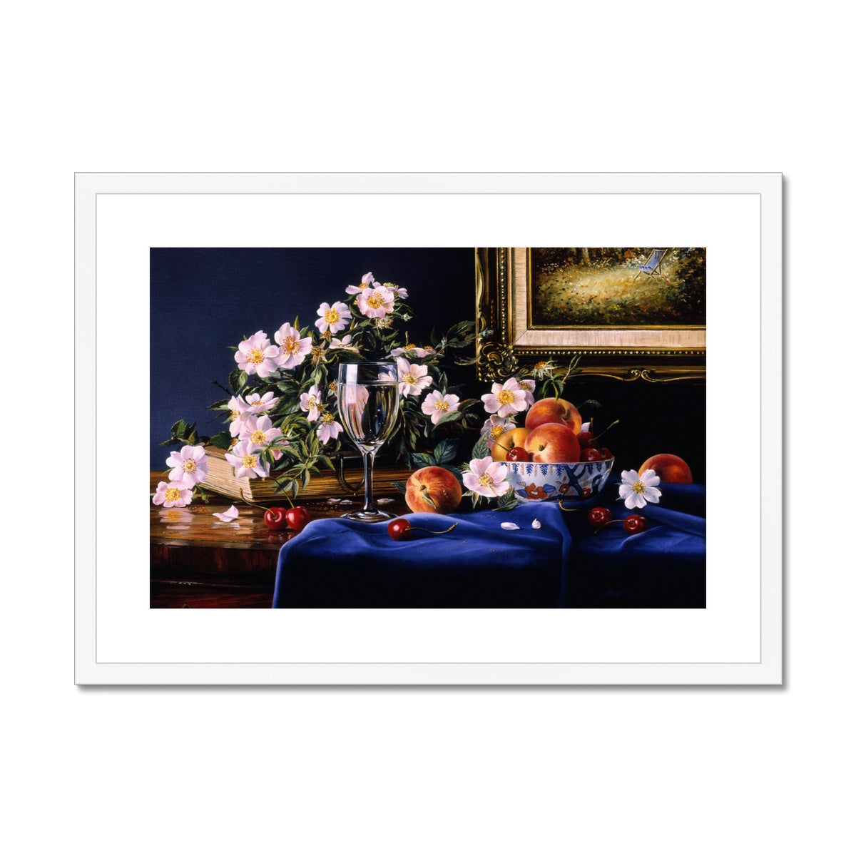 Ted Dyer Framed Open Edition Cornish Fine Art Print. &#39;Dog Roses and Peaches Still Life&#39;. Cornwall Art Gallery