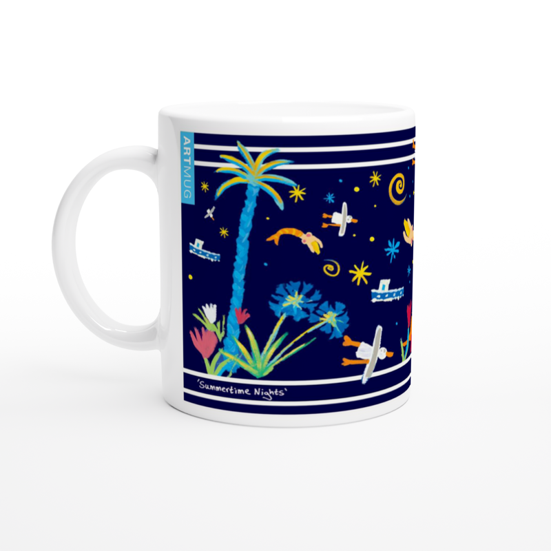 Cornwall Art mug featuring St Ives with Cornish mermaids, agapanthus, fishing boats, , Godrevy lighthouse,stars, moon and more by artist John Dyer. Summertime Nights.