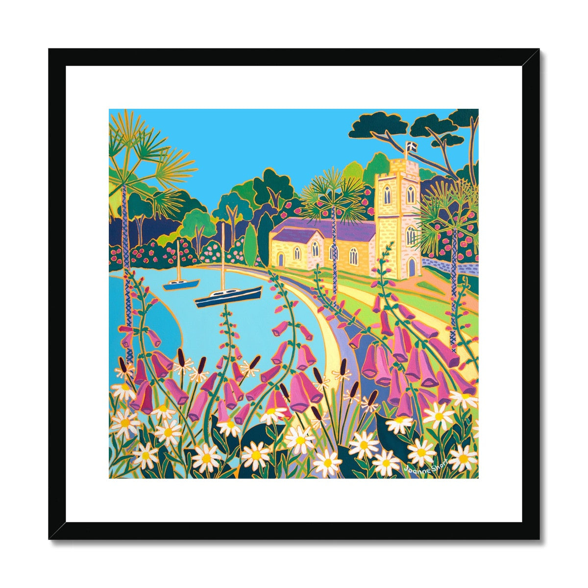 Joanne Short Framed Open Edition Cornish Fine Art Print. 'Spring Flowers at High Tide, St Just in Roseland'. Cornwall Art Gallery