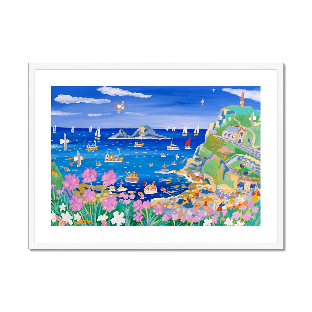 John Dyer Framed Open Edition Cornish Fine Art Print. 'Sea Pinks at Cape Cornwall'. Cornwall Art Gallery