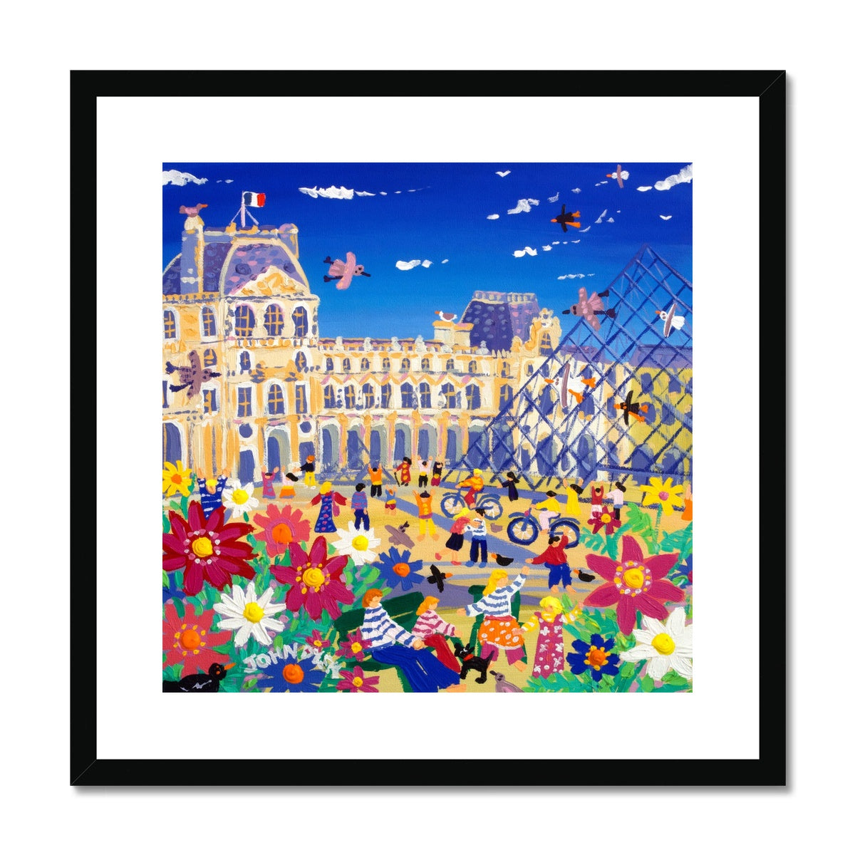 John Dyer Framed Open Edition City Fine Art Print. 'Enjoying the Sun outside the Louvre, Paris, France'. French Art Gallery