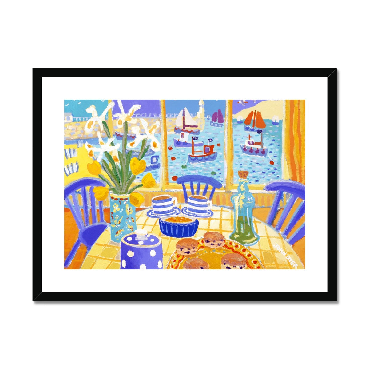 John Dyer Framed Open Edition Still Life Cornish Art Print. 'Cafe View, St Ives'. Cornwall Art Gallery