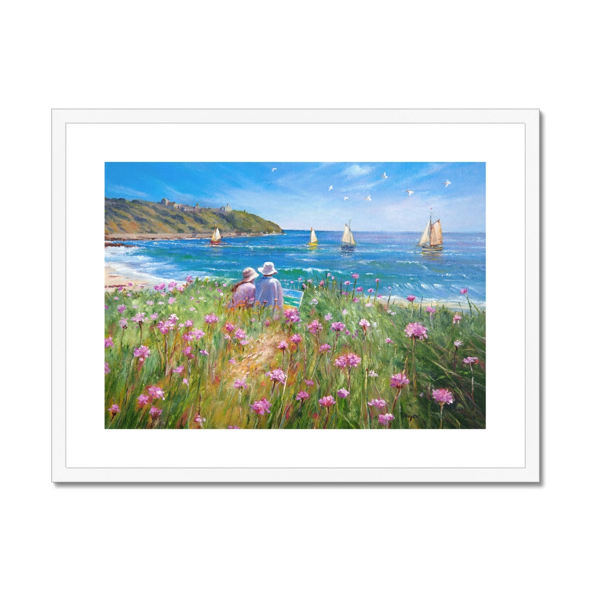 Ted Dyer Framed Open Edition Coastal Cornish Fine Art Print. 'Sea Pinks and Painters, Falmouth'. Cornwall Art Gallery