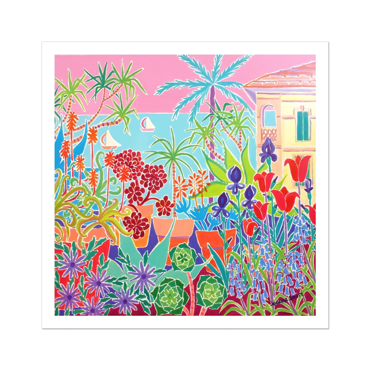 Joanne Short Fine Art Open Edition Art Print. &#39;Patchwork Flowers and Pink Sky, Clos du Peyronnet, Menton&#39;. French Art Gallery